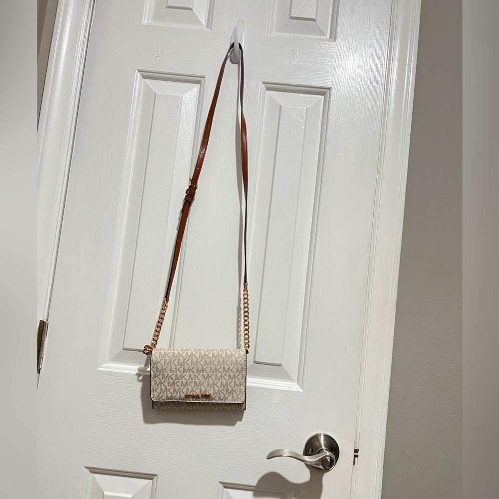 Michael Kors Cream Logo Crossbody with Brown Strap